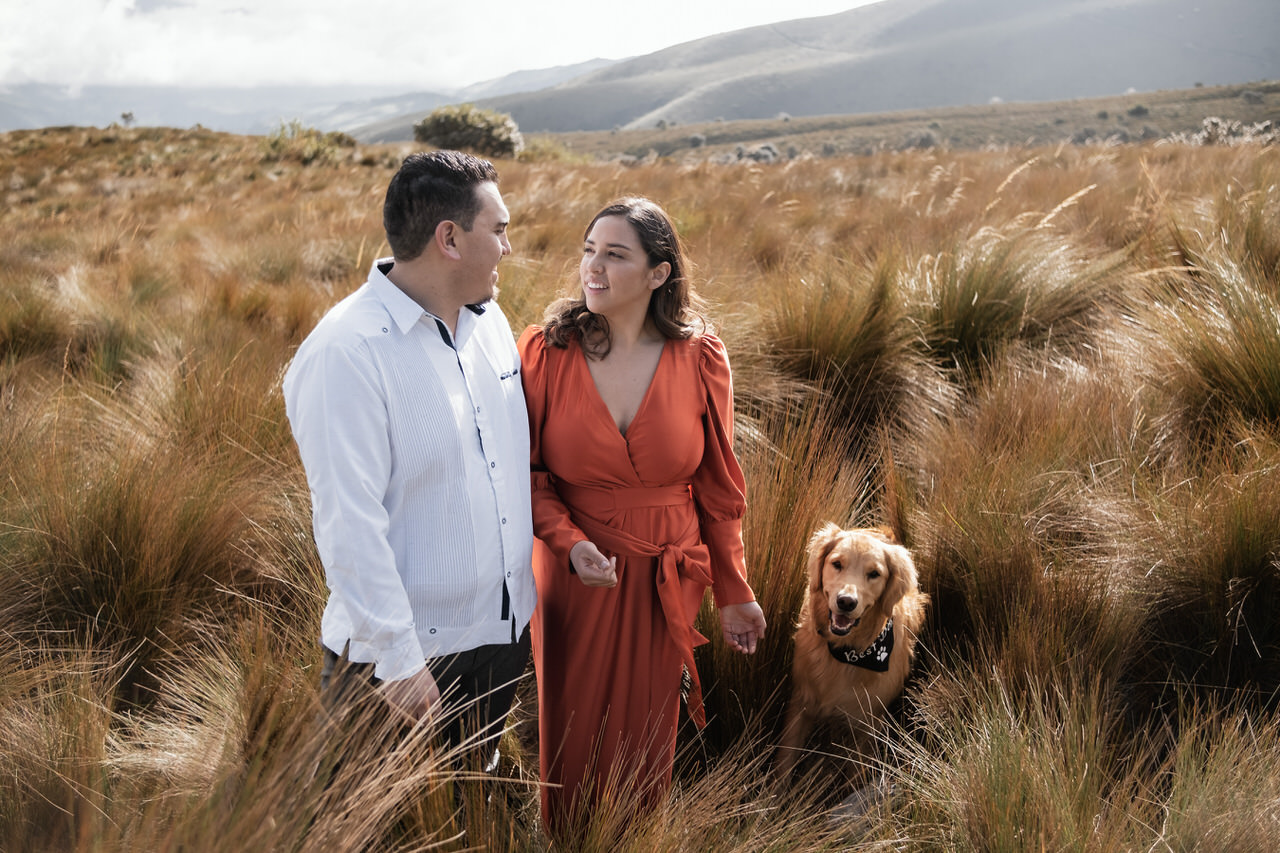 Couple with their dog standing in a golden grass field