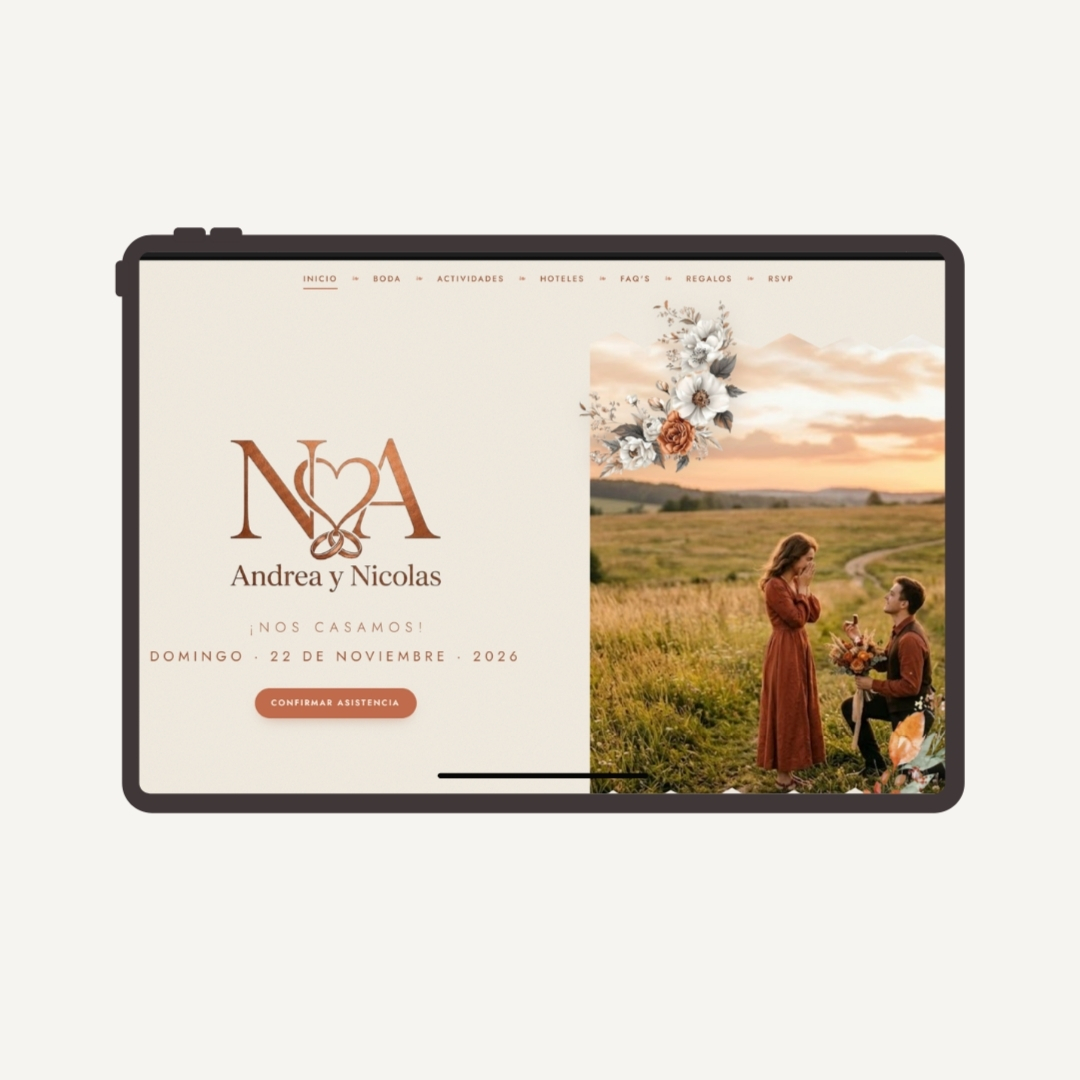 Tablet mockup of Andrea and Nicolas's wedding invitation website