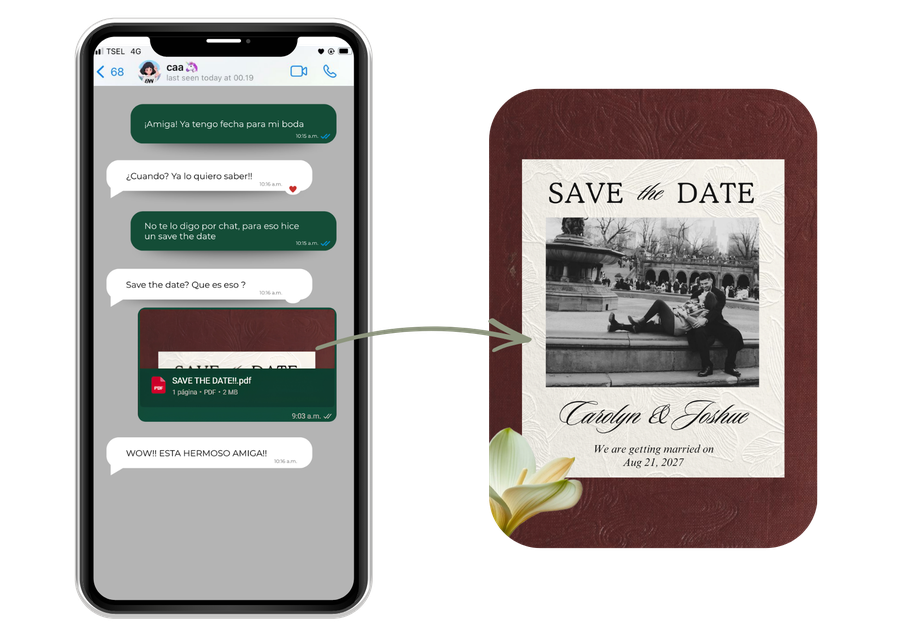 PDF Save the Date shared over WhatsApp, next to the finished digital card