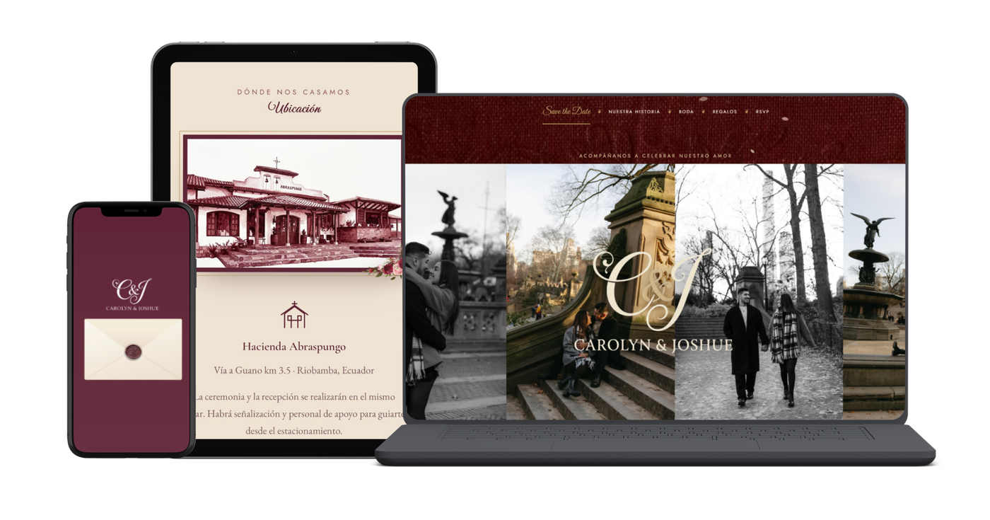 Wedding website shown across laptop, tablet, and phone